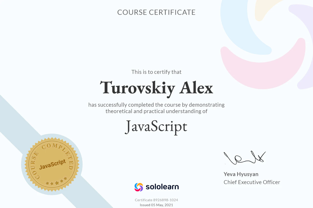 Certificate course JavaScript